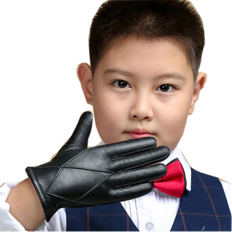 Top Trends: Genuine Leather Gloves New Children&#039;s Glove Winter Warm Velvet Lined Five Fingers Kids Sheepskin Gloves For Boys NM964-5 Shoppable Styles