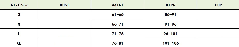 suuruste tabel naiste bikiinipüksikute jaoks, sisaldab mõõte rinna, talje, puusa ja korvi kohta