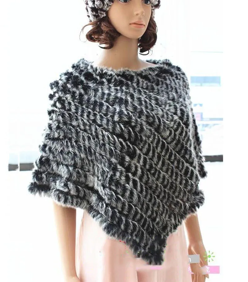 HSPL Fur Poncho 2022 Autumn Real Rabbit Hot Sale Triangle Knitted Women Pullover Lady Pashmina Wrap poncho pele de coelho 21