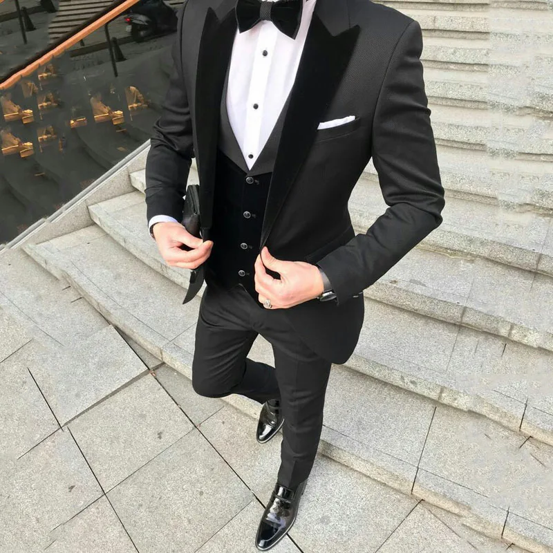 Top Trends: Custom Made Black Men Suits Men Wedding Suits For ManTuxedos Groom Peaked Lapel Velvet Vest Coat Pants Terno Blazer Masculino Shoppable Styles