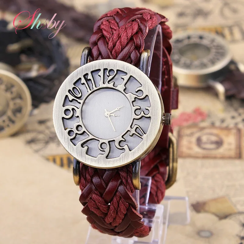 Top Trends: Shsby New Roma Style Vintage Digital Hollow Out Genuine Cow Hand-Woven Leather Strap Watches Women Dress Watches Shoppable Styles