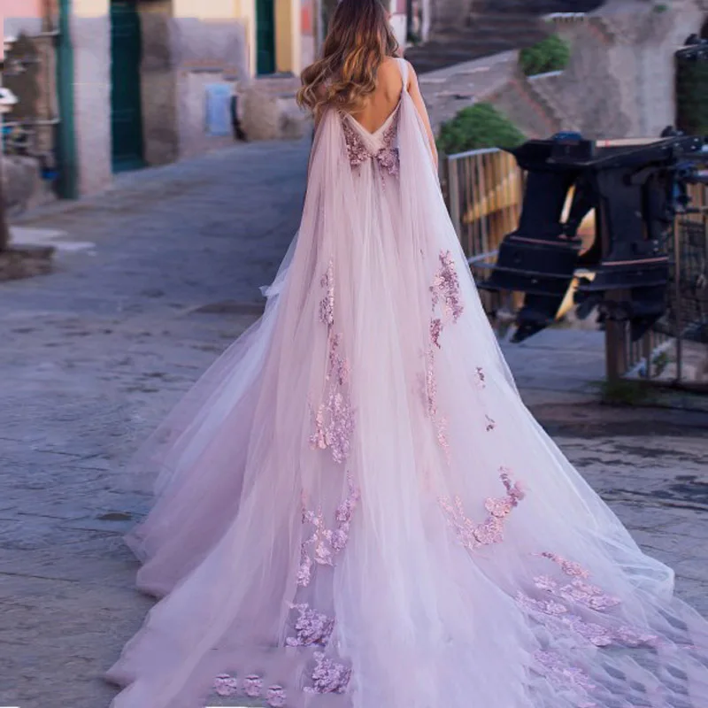 Top Trends: Boho Wedding Dress 2023 3D Flowers Light Purple Beach Bride Dresses Backless Puff Tulle Wedding Gowns Long Train Floor Length Shoppable Styles