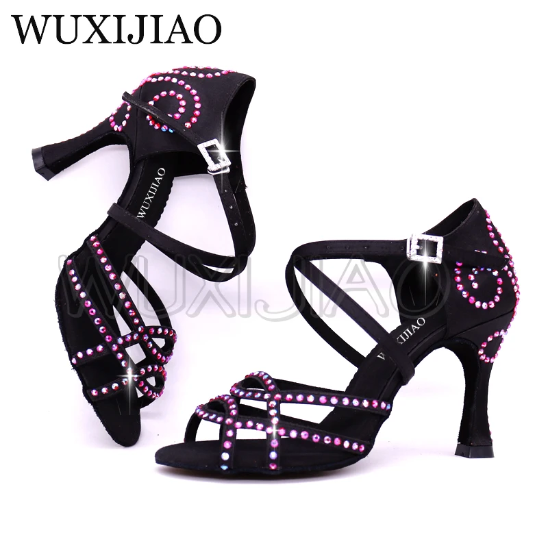 Top Trends: WUXIJIAO Salsa Dance SParty Dance Shoes Satin Shining Rhinestones Soft Bottom Latin Dance Shoes Woman Salsa Heel 5cm-10cm Shoppable Styles