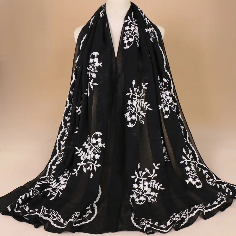 Top Trends: 2022 Women Plain Embroider Floral Viscose Scarf Brand Printe Shawls And Wraps Lady Pashmina Stoles Muslim Hijab Foulards Sjaal Shoppable Styles