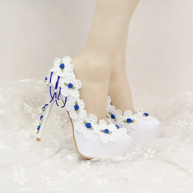 Beautiful White Satin Wedding Shoes with Blue Lace Flower - My Wedding ...