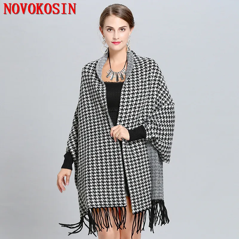 Top Trends: 2022 Lady Black Knitted Plaid Otter Velvet Cardigans Thick Poncho Houndstooth Autumn Winter Shawl Casual Wrap Open Stitch Cloak Shoppable Styles