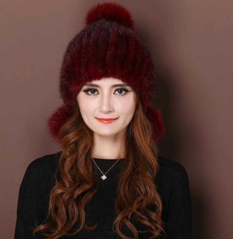 Top Trends: Fashion Women Real Mink Hat Winter Warm Mink Fur Knit Hats Women Fox Fur Ball Cap Shoppable Styles - Image 4