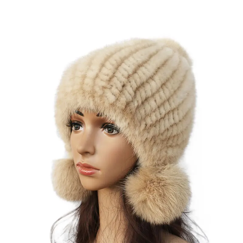 Top Trends: Fashion Women Real Mink Hat Winter Warm Mink Fur Knit Hats Women Fox Fur Ball Cap Shoppable Styles