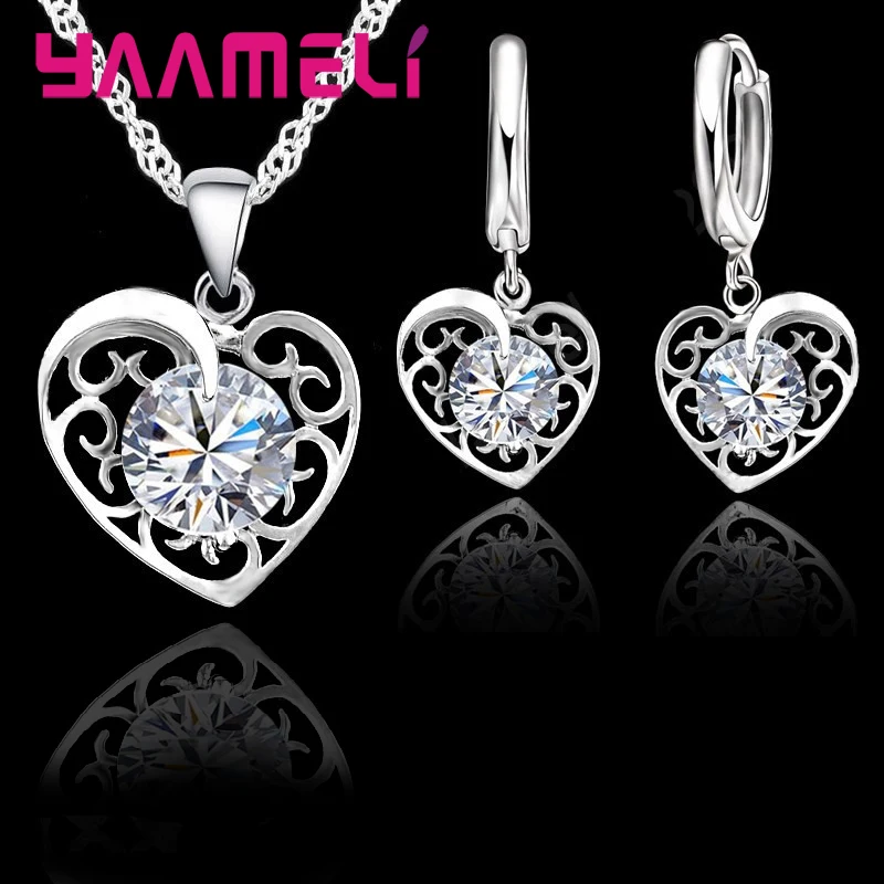 Top Trends: Romantic Heart Jewelry Set Women 925 Sterling Silver Wedding Pendant Necklace Charm Hoop Earring Elegant Party Gift Shoppable Styles