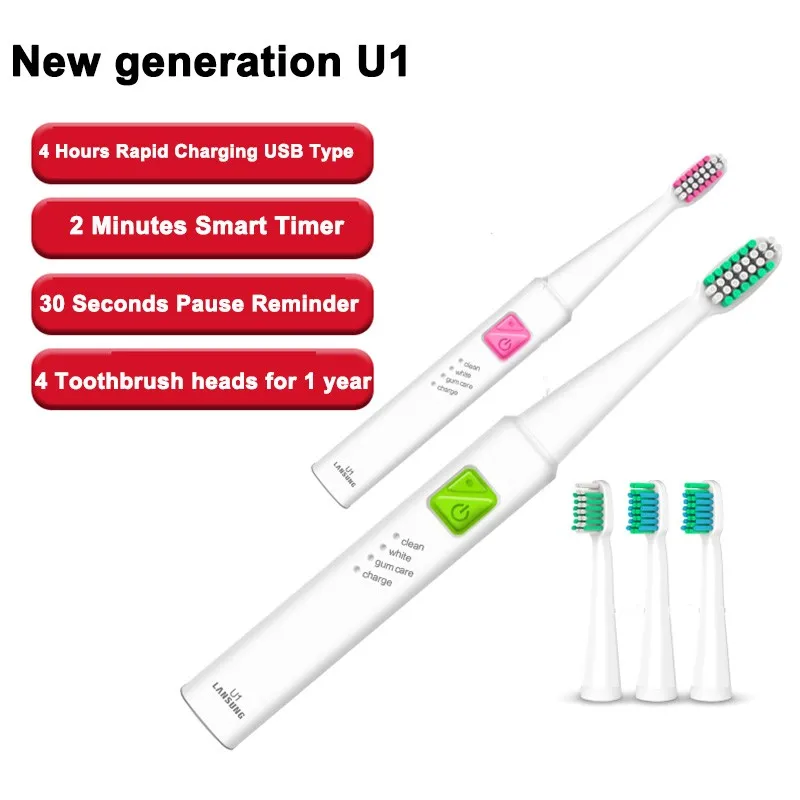 kaks valget elektrilist hambaharja värviliste harjastega ja neli vahetatavat harjapead