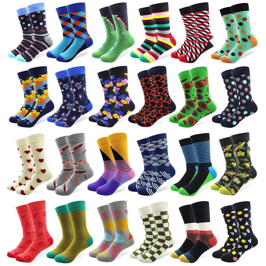 Top Trends: 1 Pair Male Cotton Socks Colorful Striped Jacquard Art Socks Hit Color Dot Long Happy Funny Skateboard Socks Men&#039;s Dress Sock Shoppable Styles