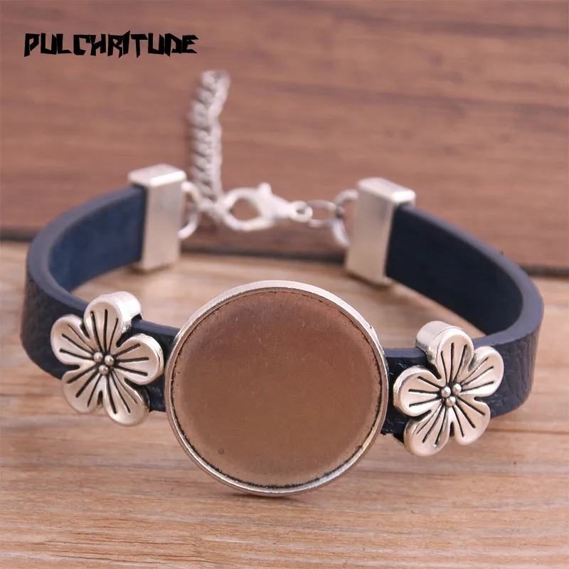 Top Trends: 1pcs 6 Color PU Bracelet Silver Color Flower Base Setting Cuff Blank Trays Brazel Fit 25mm Glass Cameo Dome Cabochon DIY Jewelry Shoppable Styles