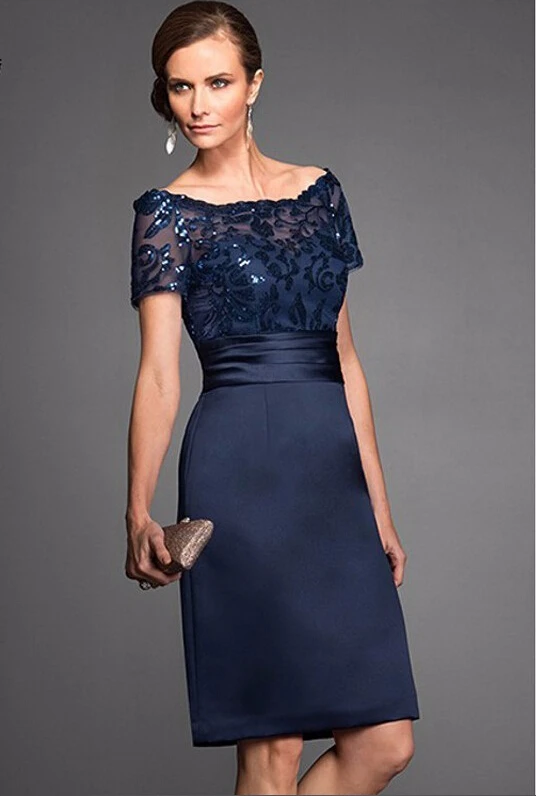 Top Trends: Elegant Navy Scoop Sheath Navy Mother Of The Bride Dresses Satin Short Sleeves Sequin Knee Length Wedding Guest Gown Custom Made Shoppable Styles