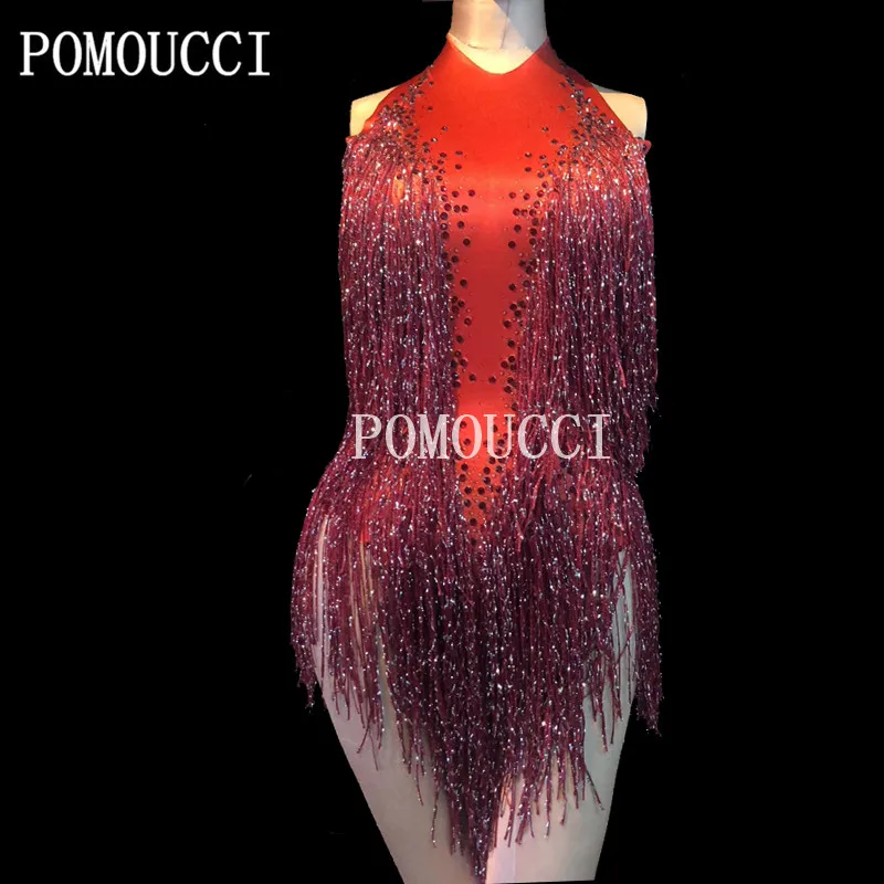 Top Trends: Women New Red Tassel Sexy Shiny Rhinestone Bodysuit Party Bar Stage Outfits Dj Female Singer Performance Costume Dance Wears Shoppable Styles