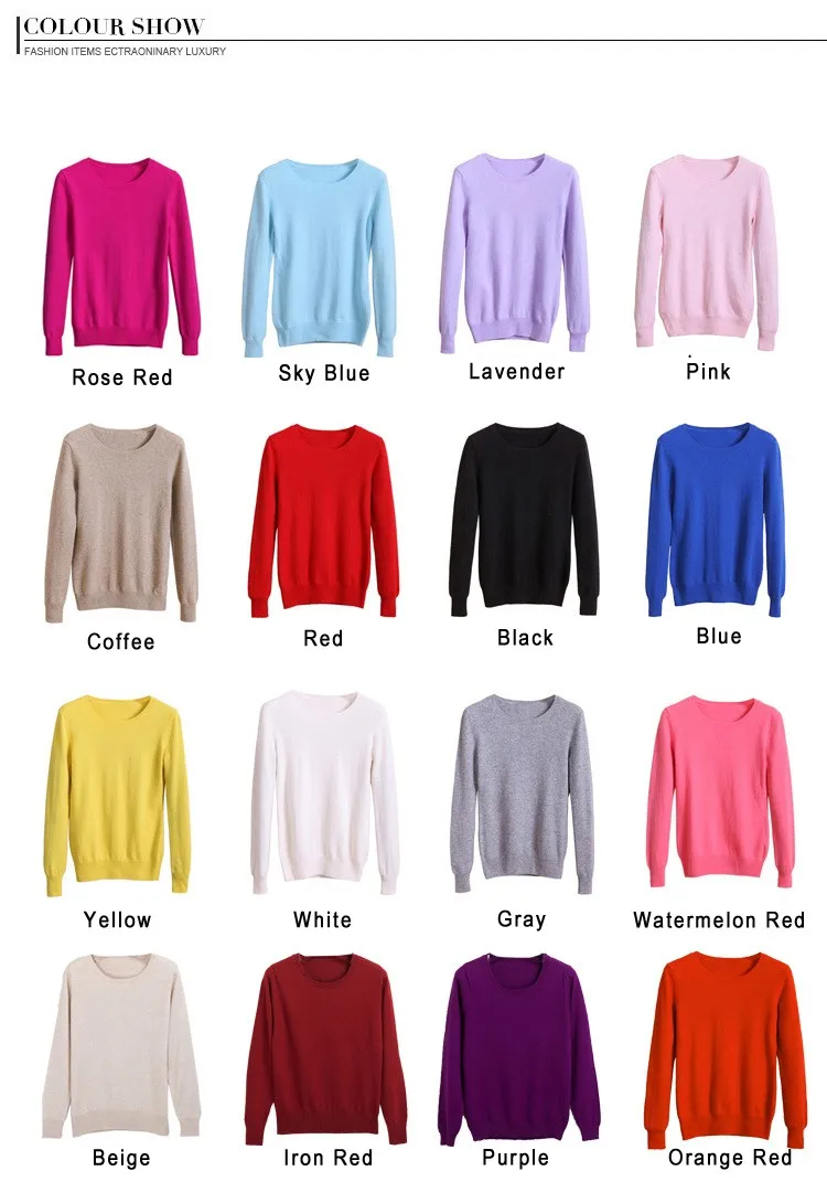 erinevates värvides ümara kaelusega pulloverid, sealhulgas roosa, sinine ja must