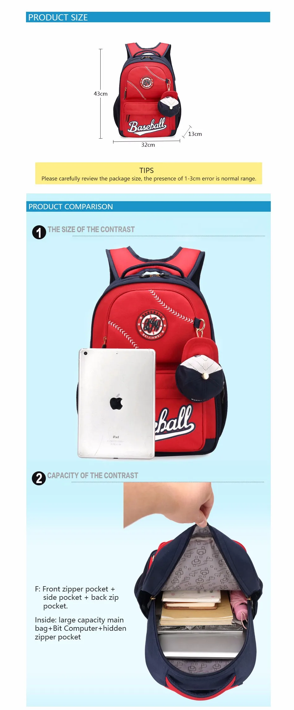 punane ja sinine seljakott baseball-kirjaga, millel on ees tasku ja külgedel lisataskud