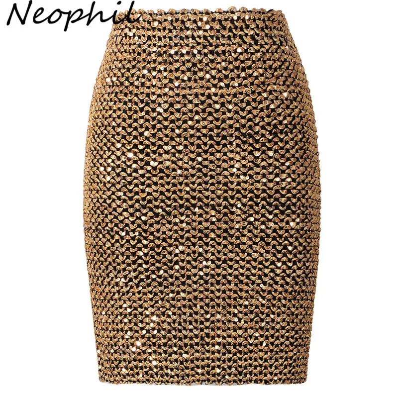 Top Trends: Neophil 2023 Winter Women Sequined Patchwork Shinny Pencil Mini Skirts High Waist Black Party Sexy Bandage Girls Long Saia S1812 Shoppable Styles