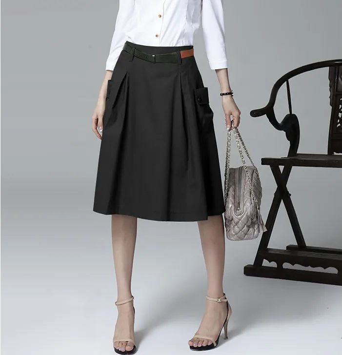 A-line Pockets Khaki and Black Button Midi Skirt | Uniqistic.com