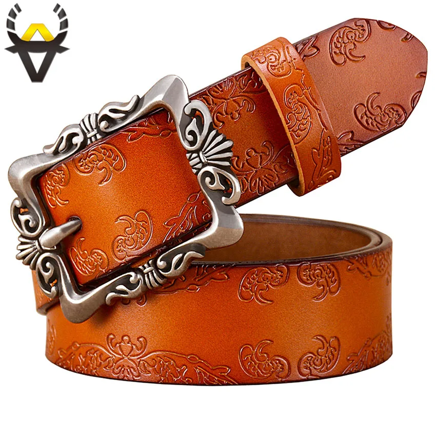 Top Trends: Vintage Pin Buckle Genuine Leather Belts For Women Fashion Floral Cow Skin Ladies Girdle Wide Female Strap Jeans Width 3.2 Cm Shoppable Styles