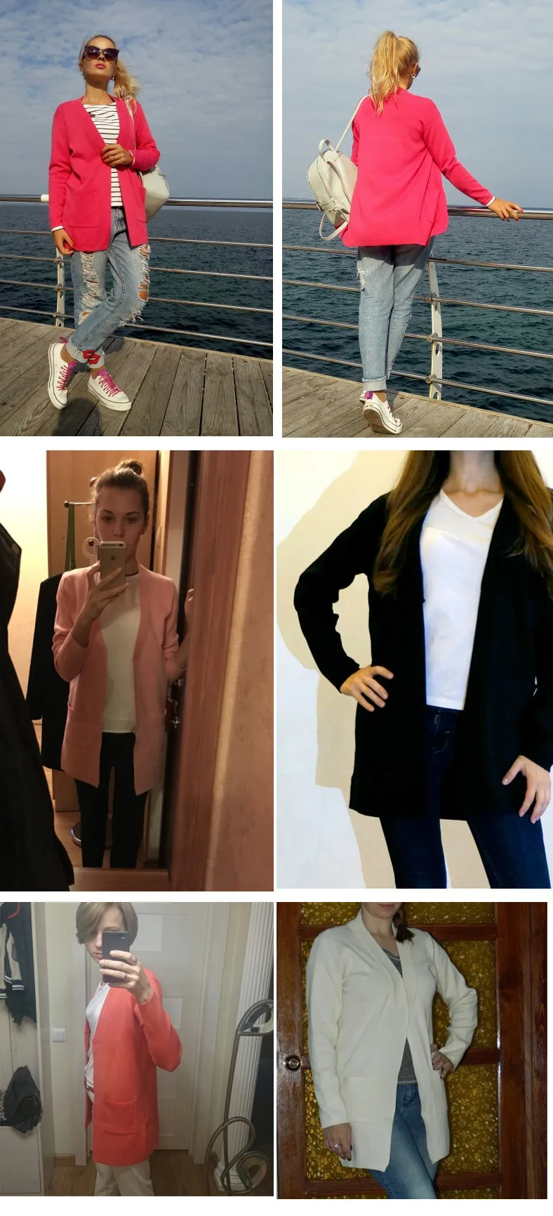 naine kannab erinevates värvides pikka kardigani taskutega