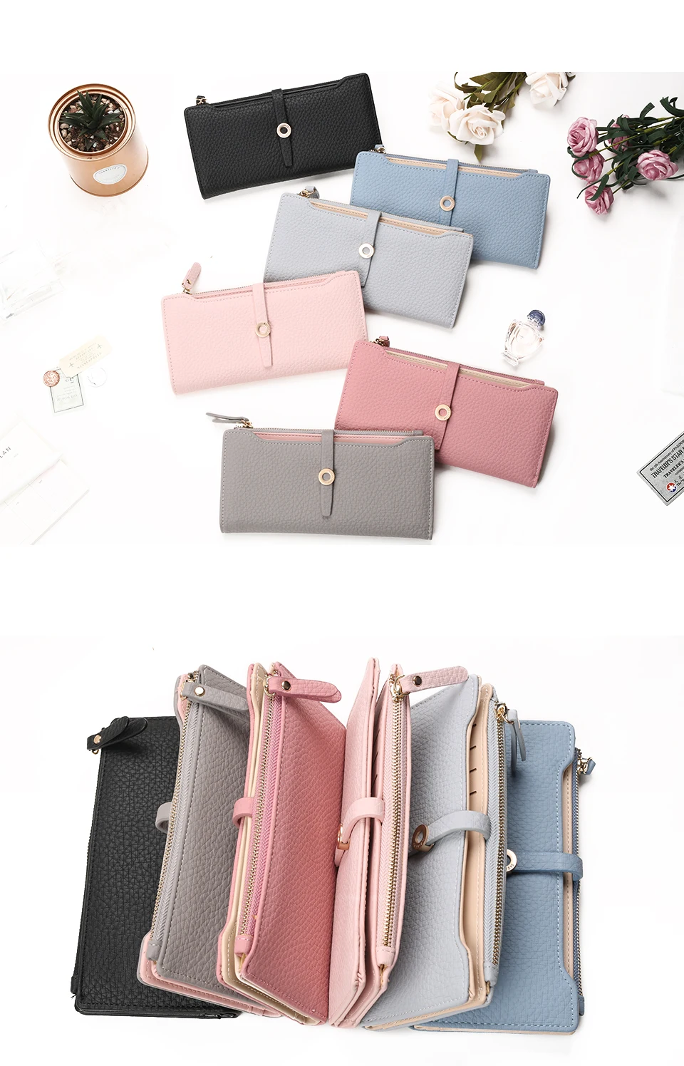 erinevat värvi naiste rahakotid laual, sealhulgas must, sinine, hall, roosa ja beež