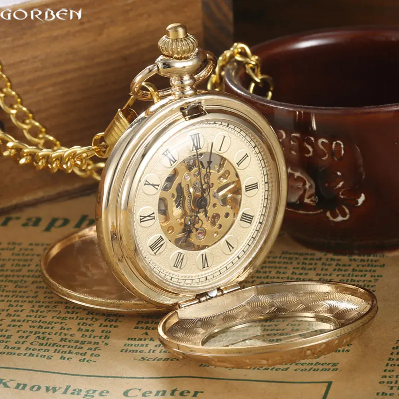 Top Trends: Luxury Gold Steel Carving Mechanical Pocket Watch 2 Sides Open Case Roman Number Dial Steampunk Analog Hand Winding Pocket Watch Shoppable Styles