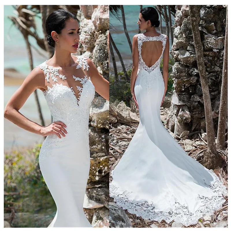 Top Trends: LORIE Sexy Mermaid Wedding Dress Sleeveless Lace Appliqued Illusion Back Boho Wedding Gown Long Train Bride Dress Shoppable Styles