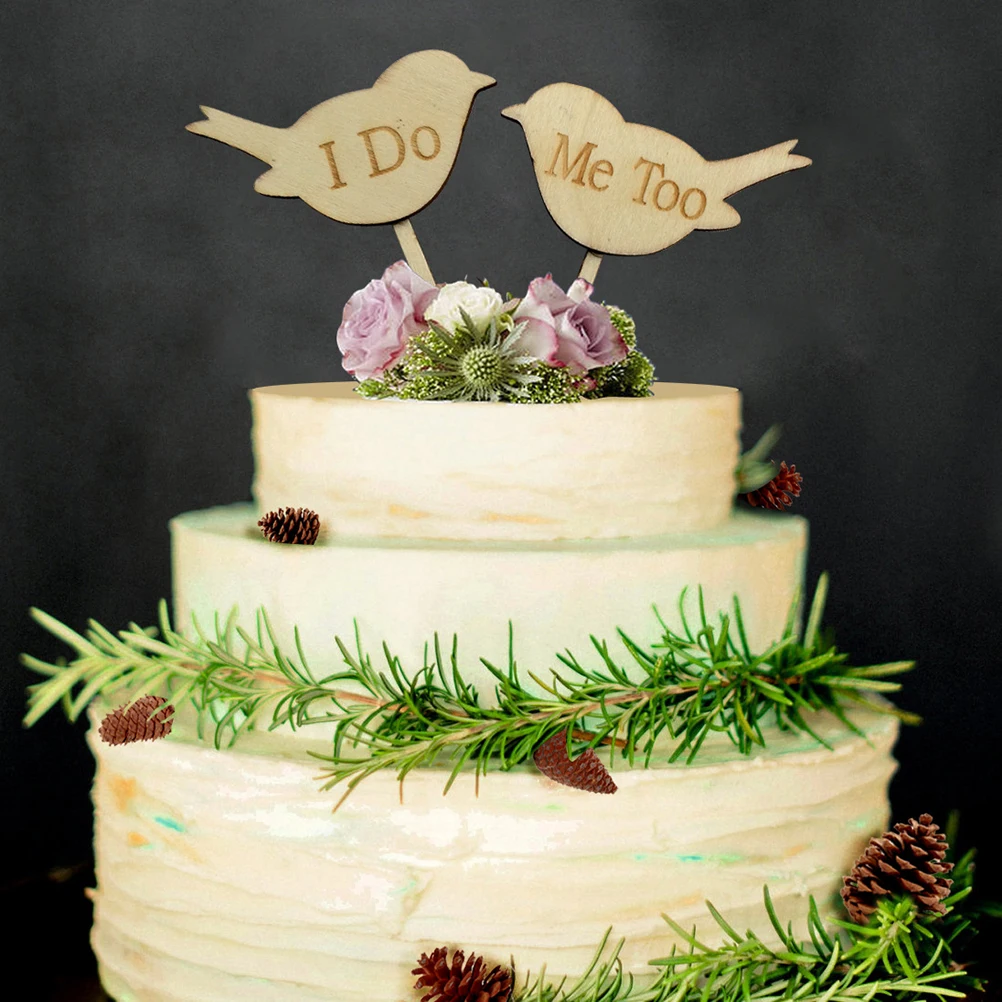 2pcs I DO ME  TOO Love Birds Wedding  Wooden Cake  Topper  