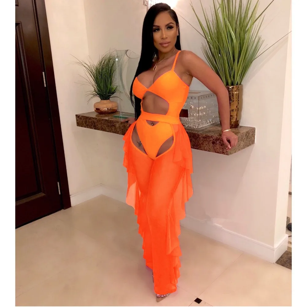 Top Trends: BKLD Neon Orange Two Piece Sexy Women Spaghetti Strap Bodysuit And Sheer Mesh Pants Ruffles Beach Club Party Bodycon Outfits Shoppable Styles