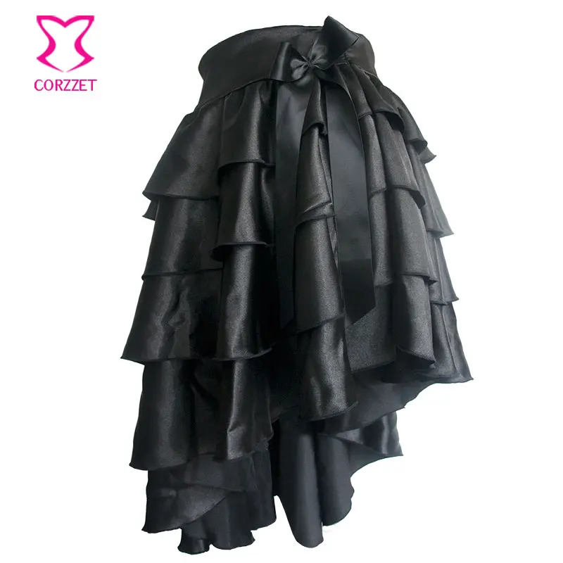 Top Trends: Victorian Black Ruffle Satin Layered Asymmetical Gothic Skirt Women Skirts With Bow Matching Steampunk Corsets And Bustiers Shoppable Styles