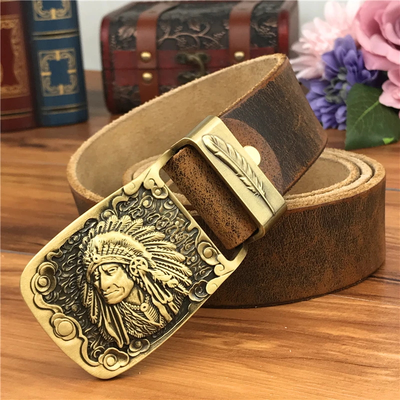 Top Trends: Brass Chief Cowboy Belt Buckle Men Leather Belt Jeans Belts Men Leather Metal Waist Belt Leather Strap Man Cinturon MBT0070 Shoppable Styles