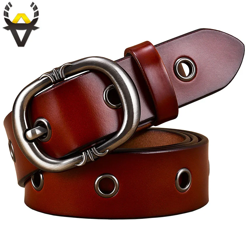 Top Trends: Fashion Metal Hollow Genuine Leather Belts For Women Quality Pin Buckle Belt Woman Cow Skin Waist Strap For Jeans Width 2.8 Cm Shoppable Styles