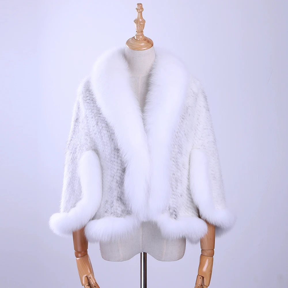 Top Trends: New Genuine Knitted Mink Fur Shawl Wrap Cape With Fox Fur Collar Triming Women Lady Mink Fur Coat Jacket Stole Shoppable Styles