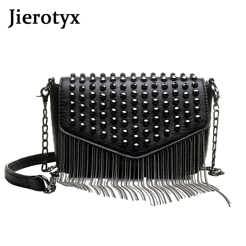 Top Trends: JIEROTYX Fashion Tassel Diamonds Brand Design Mini Chain Shoulder Bag Crossbody Black Leather Rivets Female Bolsa Sac A Main Shoppable Styles