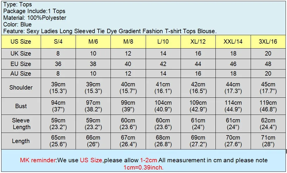 suuruste tabel sinise ombre pluusi jaoks, sisaldab mõõtmeid ja suurusi