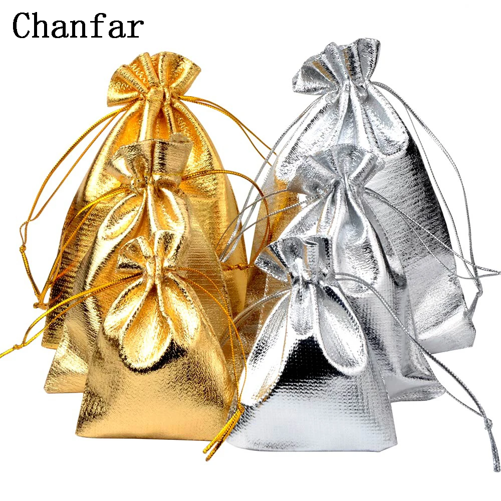 Top Trends: 50pcs / lot 7x9 9x12 10x15cm Adjustable Jewelry Packing Fabric Bag Gold Colors Drawstring Wedding Storage Pouches Shoppable Styles