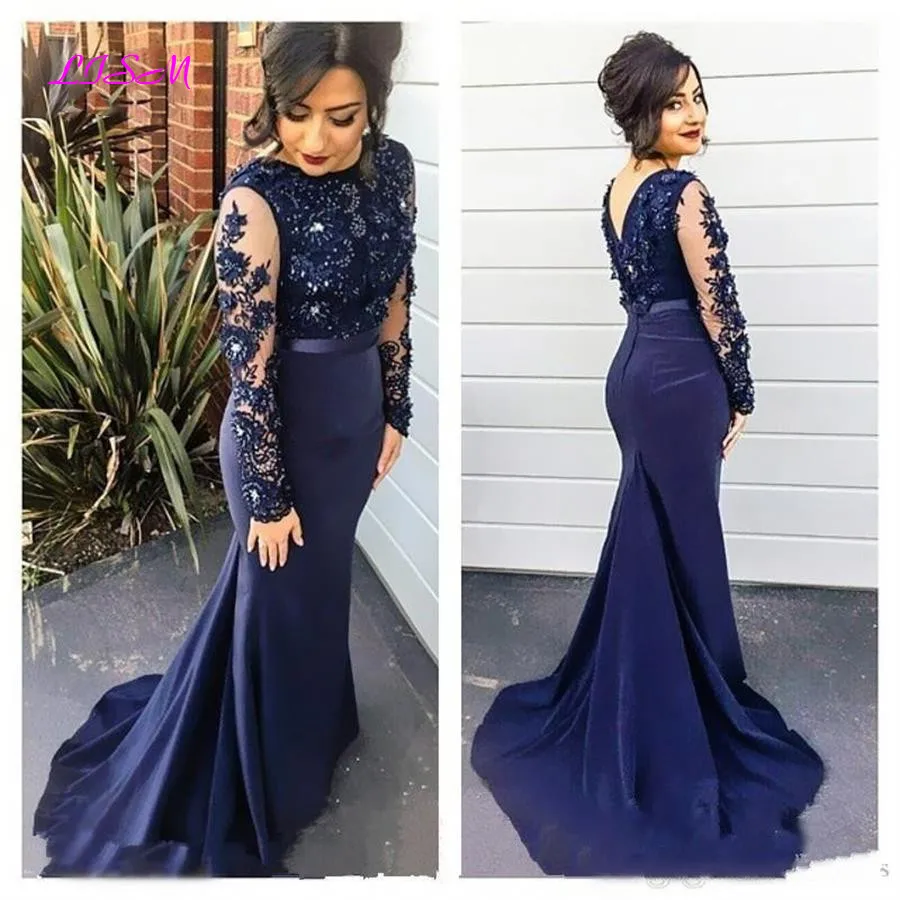 Top Trends: Navy Blue Mermaid Evening Dresses O-Neck Long Sleeves Sweep Train Prom Formal Dress Beaded Appliques Long Bridesmaid Dress Shoppable Styles