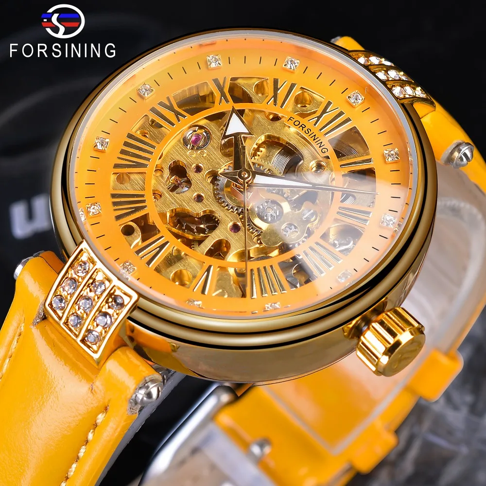 Top Trends: Forsining Yellow Genuine Leather Belt Gold Gear Movement Diamond Ladies Women Skeleton Open Work Skeleton Mechanical Wristwatch Shoppable Styles