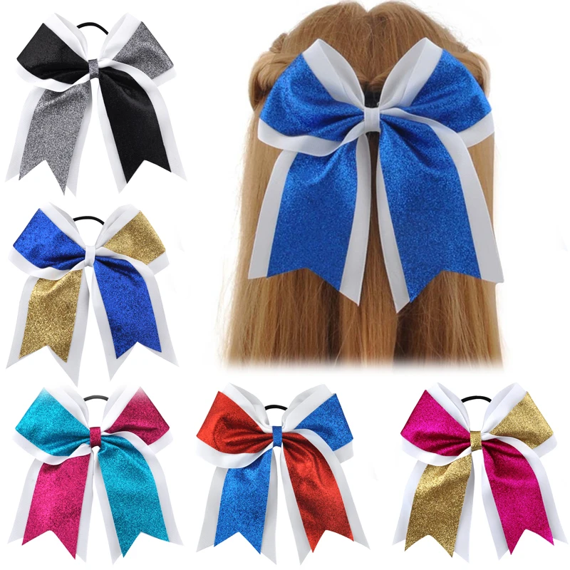 Top Trends: 7 Inch Glitter Powder Girls Hair Bows Grosgrain Ribbon Bows Ties Elastic Hair Band Ponytail Hair Holder Accessories For Kids Shoppable Styles