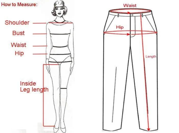 joonis naise mõõtude võtmisest ja pükste mõõtude skeem