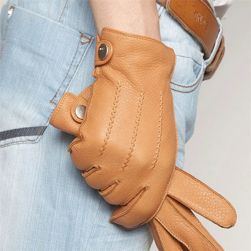 Top Trends: Luxury Fashion Men Deerskin Gloves Button Wrist Solid Genuine Leather Male Winter Driving Glove EM012WR-5 Shoppable Styles