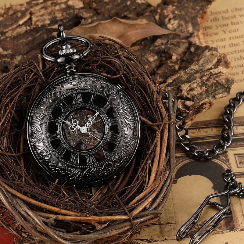 Top Trends: Black Roman Numerals Mechanical Pocket Watch Men Women Carving Retro Transparent Glass With Chain Luxury Vintage Watch Shoppable Styles