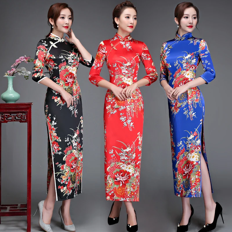 Top Trends: Old Shanghai Elegant Women Satin Qipao Slim 3 / 4 Sleeve Long Dress New Traditional Chinese Mandarin Collar Cheongsam Vestidos Shoppable Styles