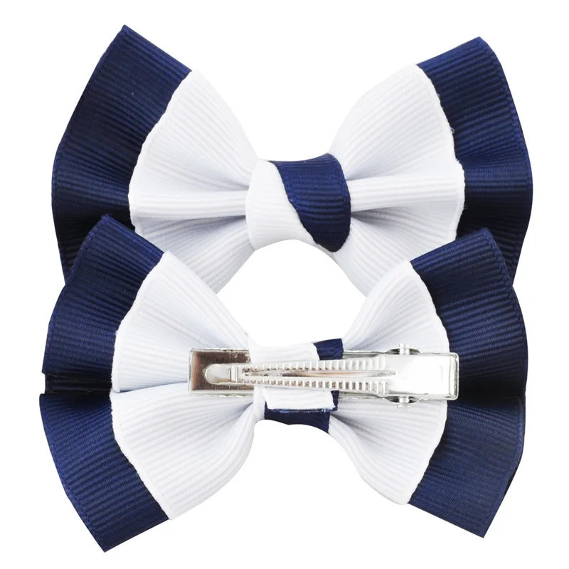 Top Trends: 2pcs / lot 3" Little Girls Boutique White Navy Grosgrian Ribbon Hair Bow With Clip For School Children Hair Accessories Hairpins Shoppable Styles