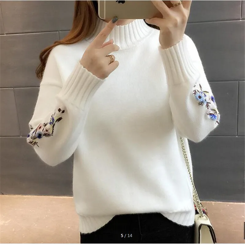 Top Trends: UHYTGF Fashion Women Sweaters 2023 Autumn Winter Sweater Woman Pullovers Flower Embroidered Turtleneck Knitt Sweater Long Sleeve Shoppable Styles