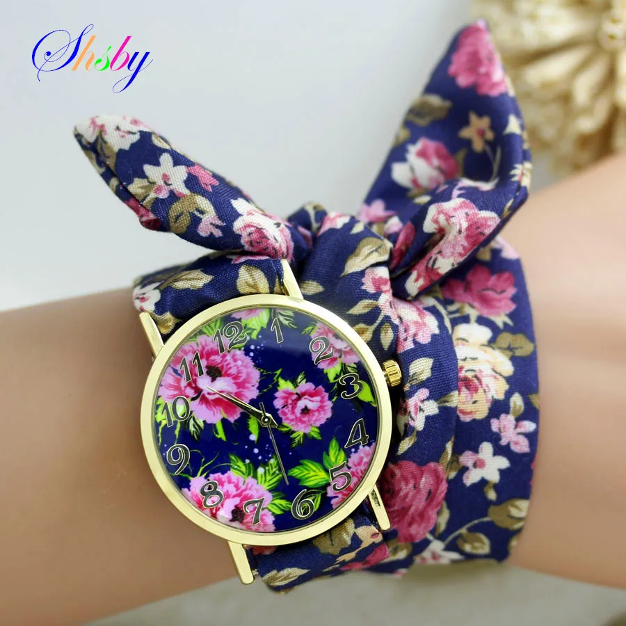 Top Trends: Shsby New Design Ladies Flower Cloth Wrist Watch Gold Fashion Women Dress Watches High Quality Fabric Watch Sweet Girls Watch Shoppable Styles