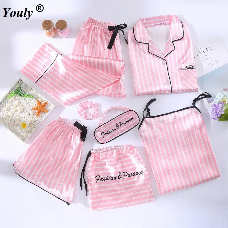 Top Trends: Women 7 Pieces Pink Pajamas Sets Satin Silk Lingerie Homewear Sleepwear Pyjamas Set Pijamas Female Stripe Printed Nightwear Suit Shoppable Styles