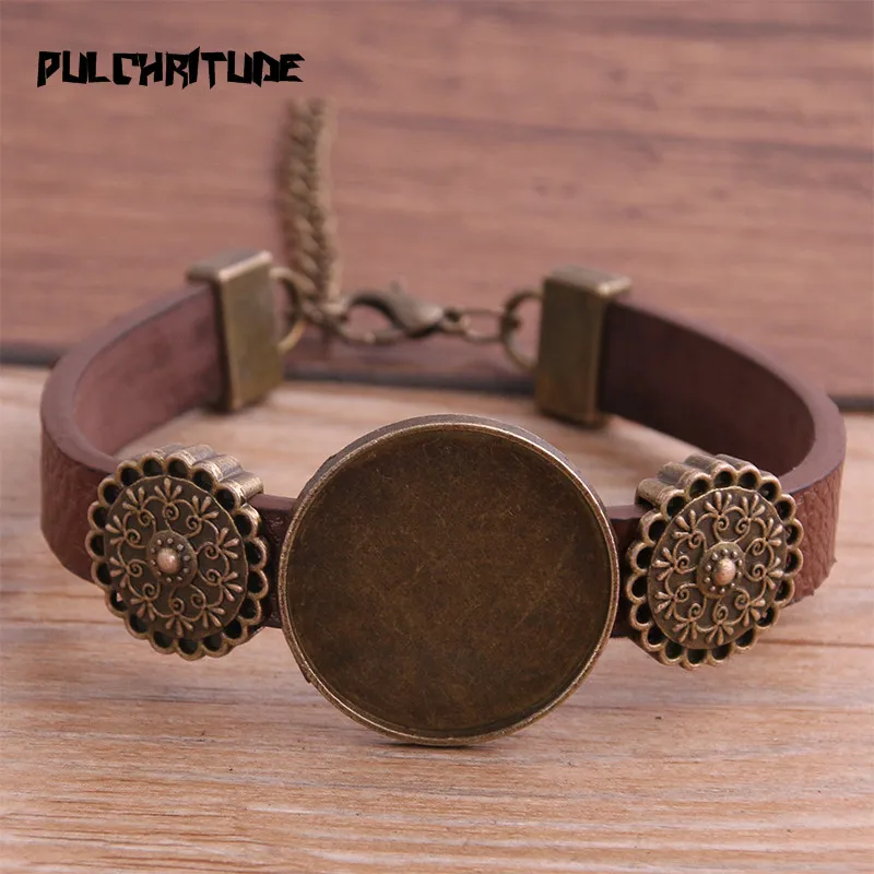 Top Trends: 1pcs 6 Color PU Bracelet Bronze Round Base Setting Cuff Blank Trays Brazel Fit 25mm Glass Cameo Dome Cabochon DIY Jewelry Shoppable Styles