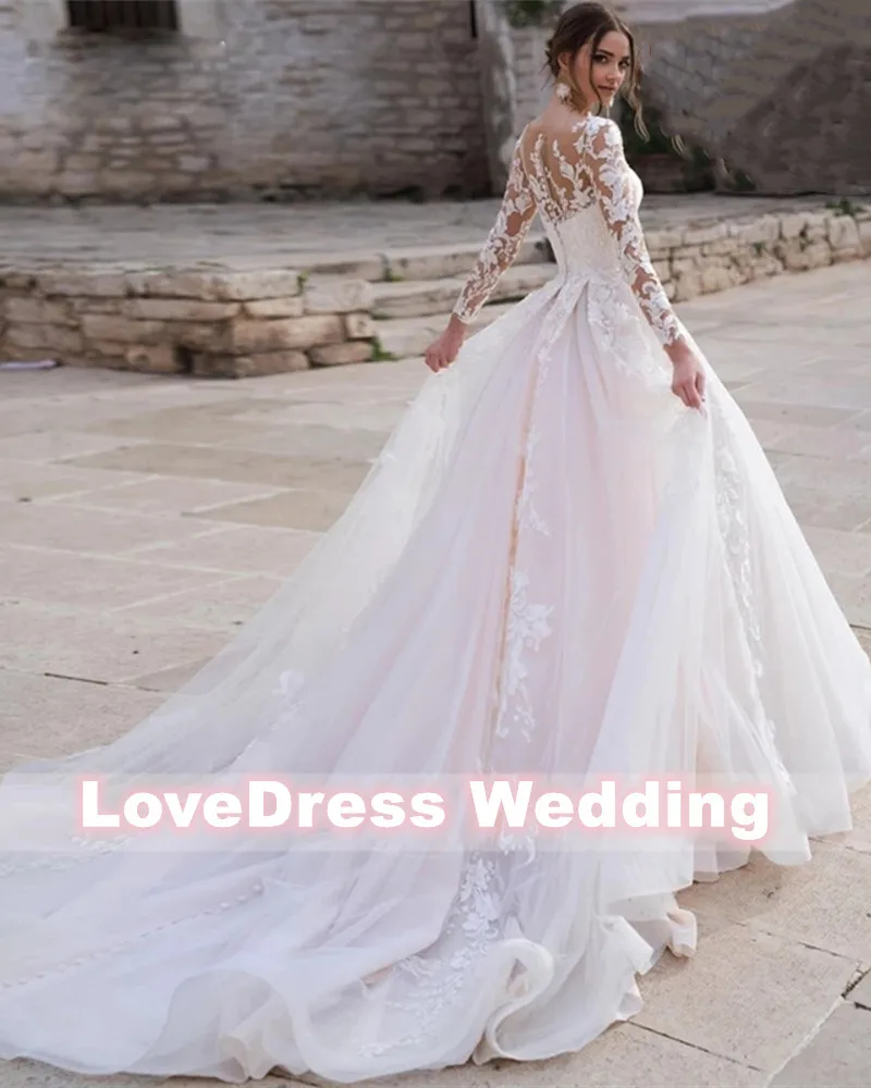 Top Trends: Luxury Pink Long Sleeves Wedding Dress Ball Gown Lace Appliques O-Neck Button Royal Train Bride Gowns Vestido De Novia Princess Shoppable Styles - Image 2