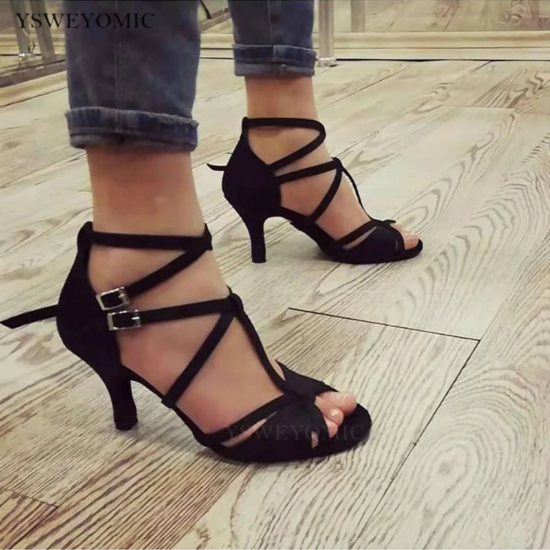 Top Trends: Salsa Dance Shoes Women 2021 New Style Black Satin 7cm Heel On Picture Suede Sole Indoor Ballroom Dance Shoes Latin Women Shoppable Styles